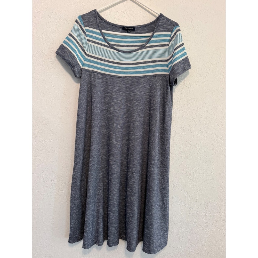 Max Edition Womens Gray Blue Striped Short Sleeve A-Line Knit Dress Large